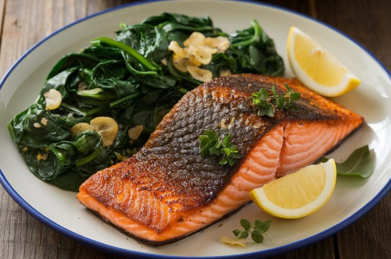 Pan-Seared Blackened Salmon with Garlic Spinach