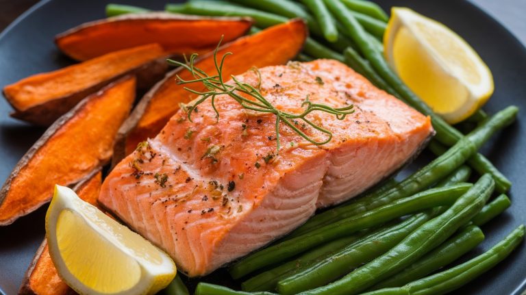 Healthy Baked Salmon with Sweet Potato Wedges and Green Beans