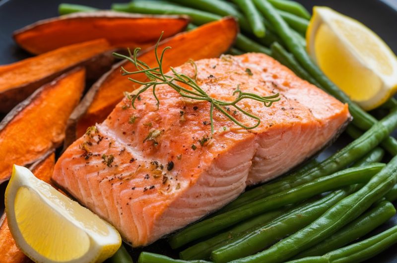 Oven-Baked Salmon with Roasted Sweet Potato Wedges and Green Beans