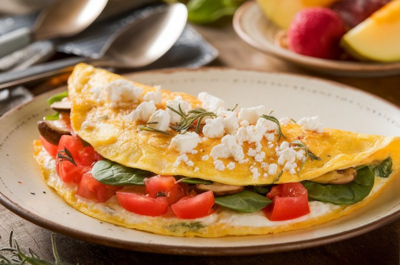 Fluffy Egg White Veggie Omelet with Feta Cheese