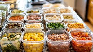 Colorful meal prep containers filled with healthy food like grilled chicken, quinoa, and steamed vegetables, neatly arranged on a countertop.