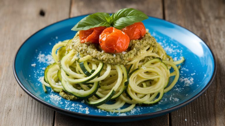 Zucchini Noodles with Pesto and Roasted Cherry Tomatoes