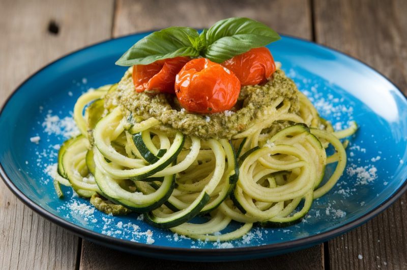 Light and Fresh Zucchini Noodles with Pesto and Roasted Cherry Tomatoes